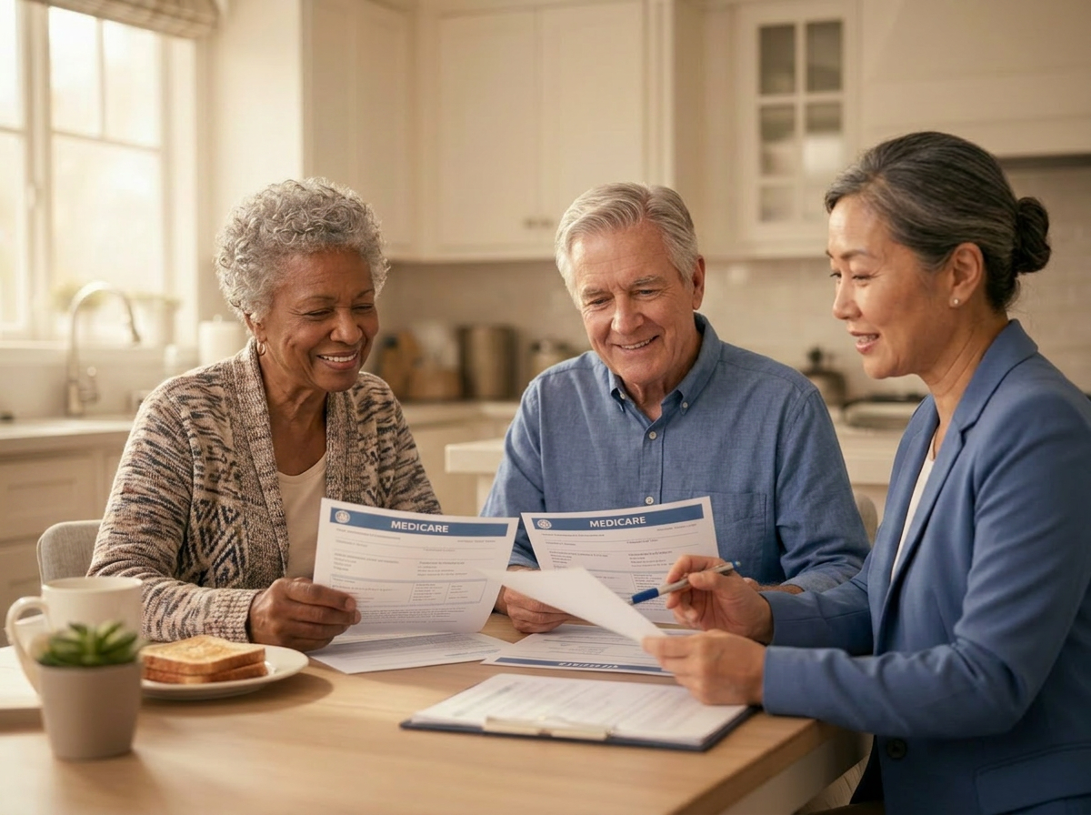 A licensed Medicare advisor reviewing plan options with a senior couple at a kitchen table